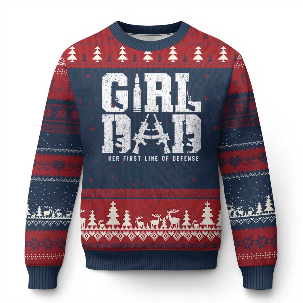 Girl Dad Ugly Christmas Sweater Vintage Her First Line Of Defense Gun Lovers Fathers Day