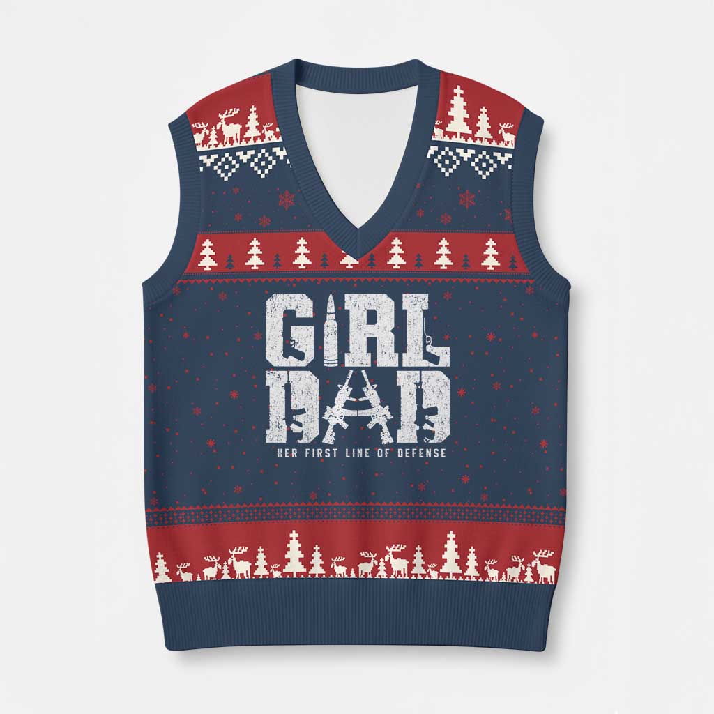 Girl Dad V-Neck Knit Sweater Vest Vintage Her First Line Of Defense Gun Lovers Fathers Day