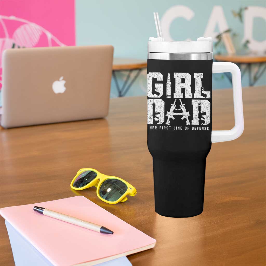 Girl Dad Tumbler With Handle Vintage Her First Line Of Defense Gun Lovers Fathers Day