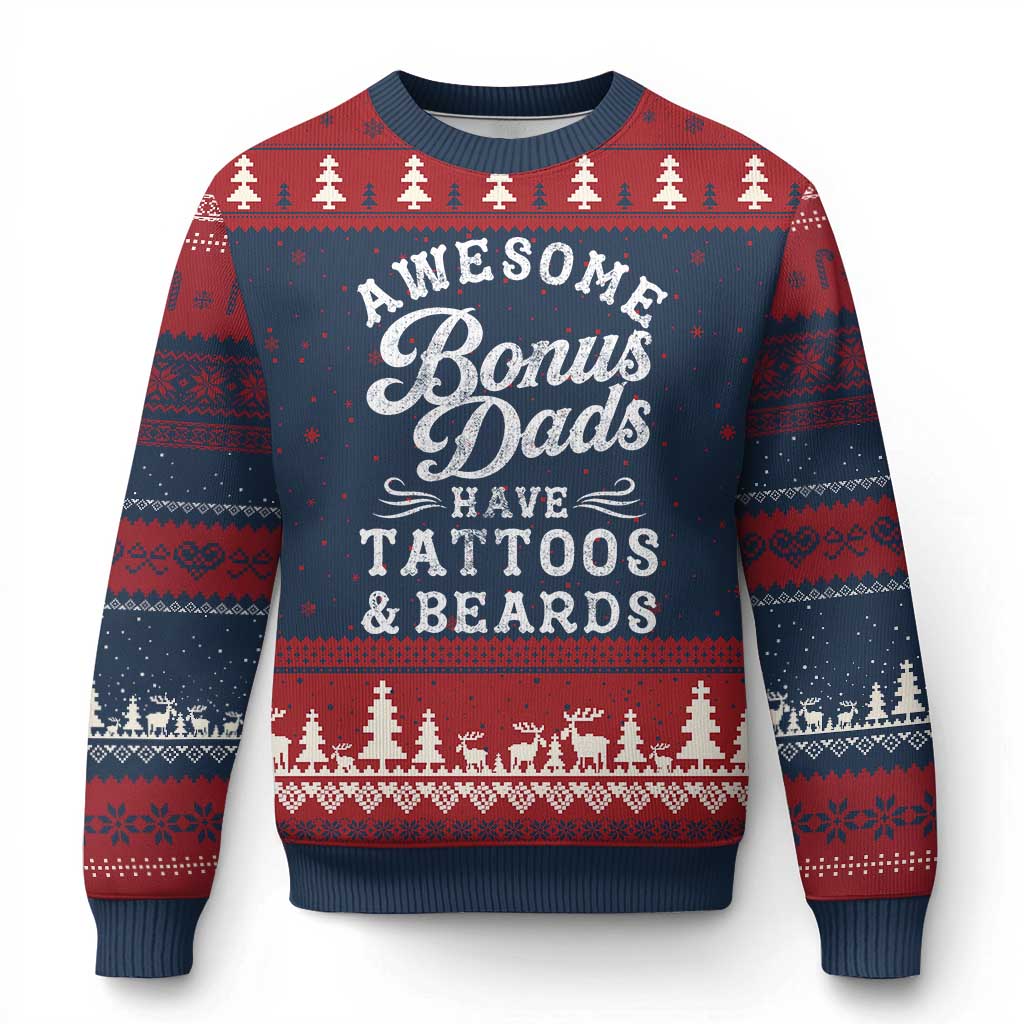 Funny Stepdad Ugly Christmas Sweater Awesome Bonus Dads Have Tattoos And Beards