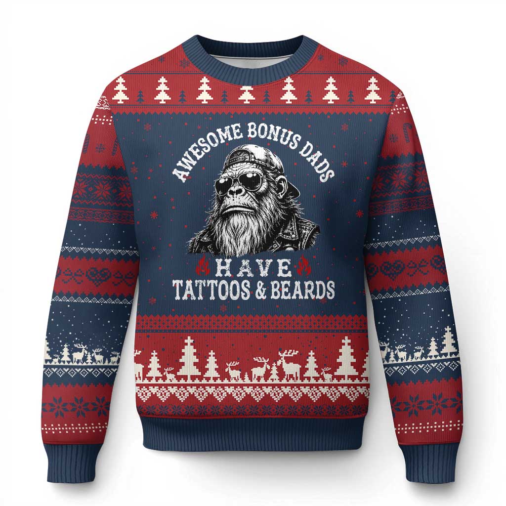 Funny Bigfoot Stepdad Ugly Christmas Sweater Awesome Bonus Dads Have Tattoos And Beards