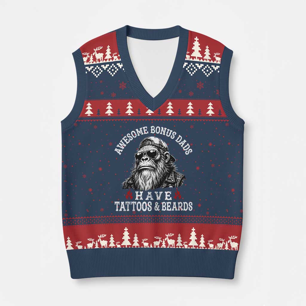 Funny Bigfoot Stepdad V-Neck Knit Sweater Vest Awesome Bonus Dads Have Tattoos And Beards