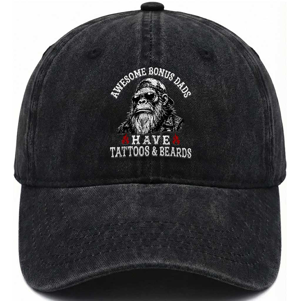 Funny Bigfoot Stepdad Washed Cotton Baseball Cap Awesome Bonus Dads Have Tattoos And Beards