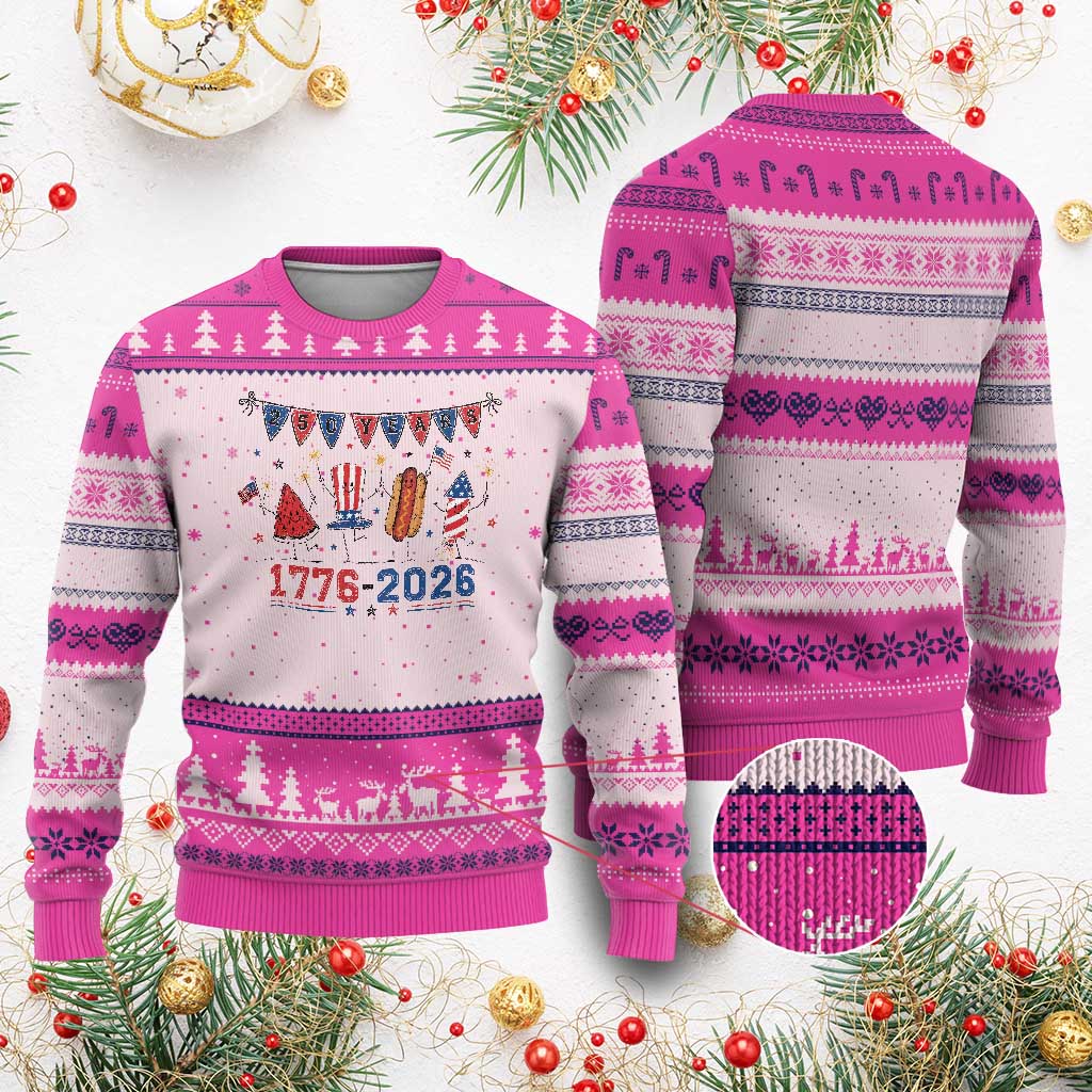 250th Anniversary USA Ugly Christmas Sweater Patriotic Watermelon Hotdog Firework 250 Years American 1776 2026 250th 4th July