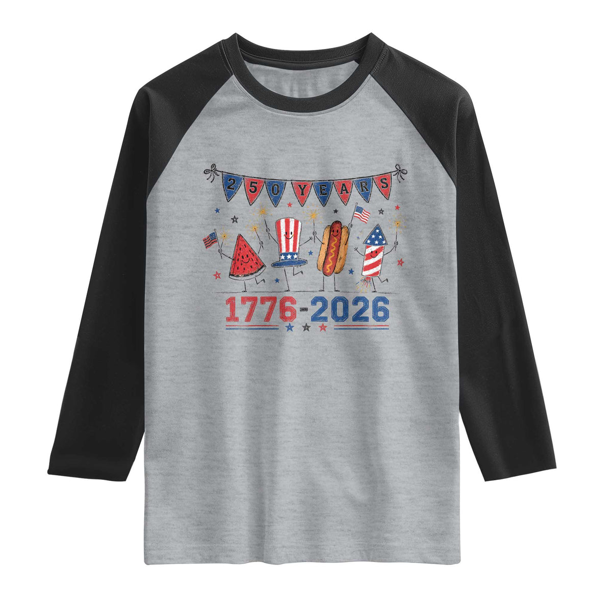 250th Anniversary USA Raglan Shirt Patriotic Watermelon Hotdog Firework 250 Years American 1776 2026 250th 4th July