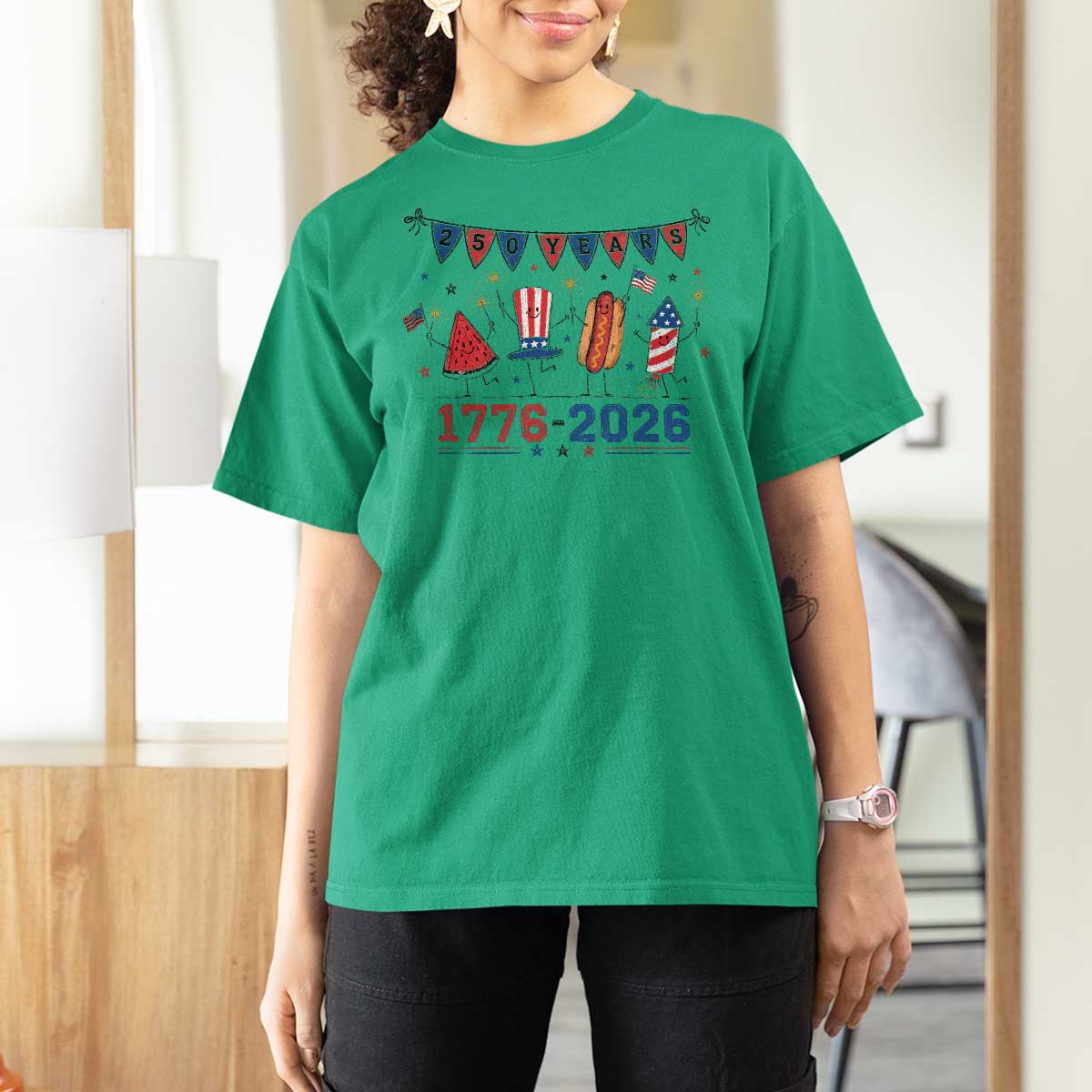 250th Anniversary USA T Shirt For Women Patriotic Watermelon Hotdog Firework 250 Years American 1776 2026 250th 4th July