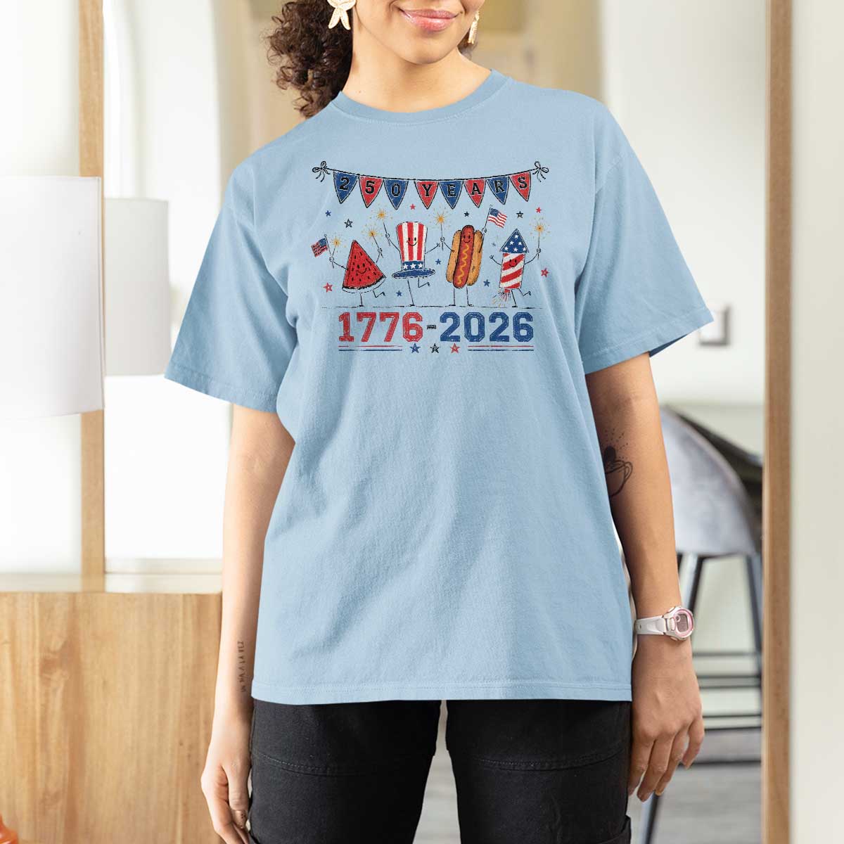 250th Anniversary USA T Shirt For Women Patriotic Watermelon Hotdog Firework 250 Years American 1776 2026 250th 4th July