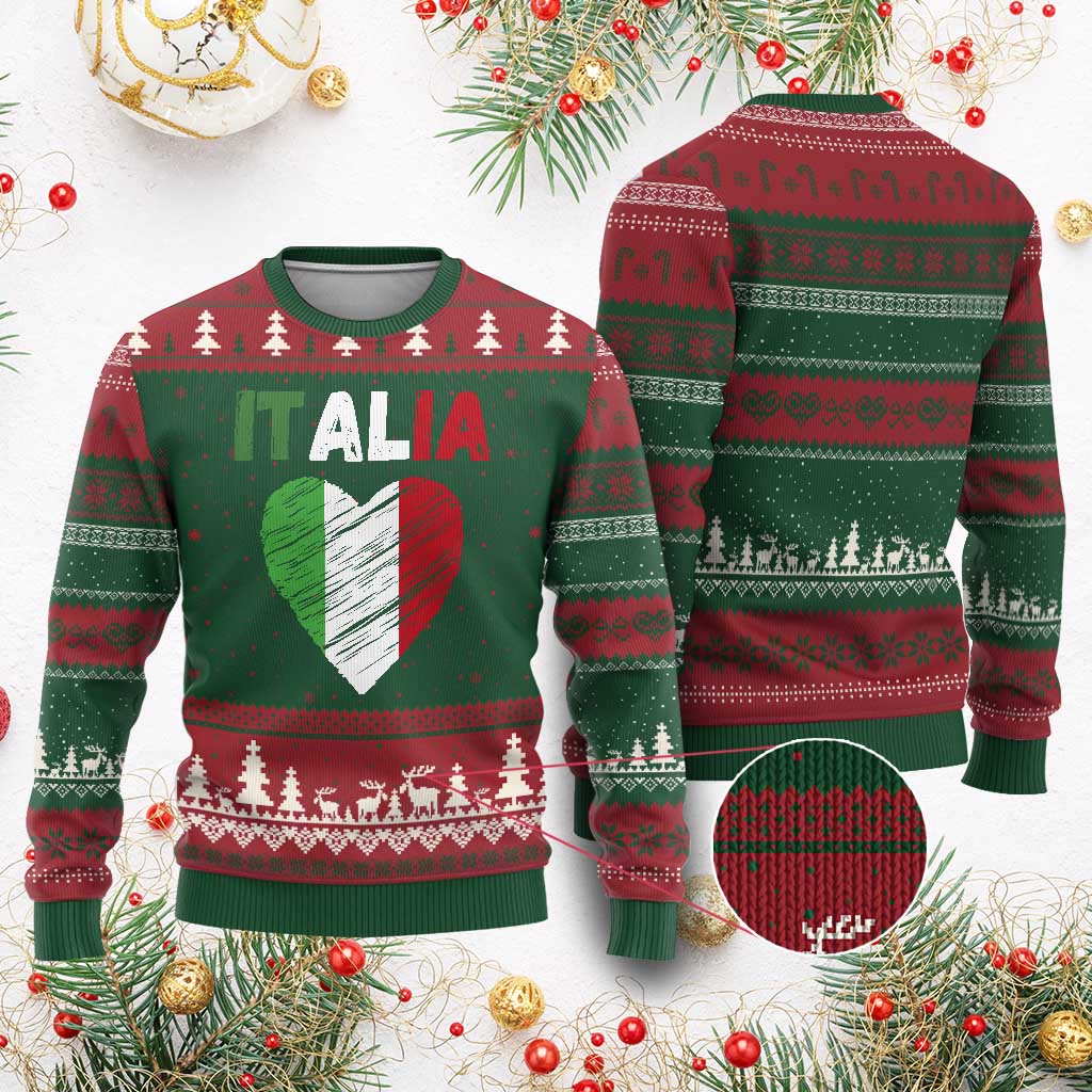 Italian Flag Heart Ugly Christmas Sweater Retro Vintage Italia Graphic