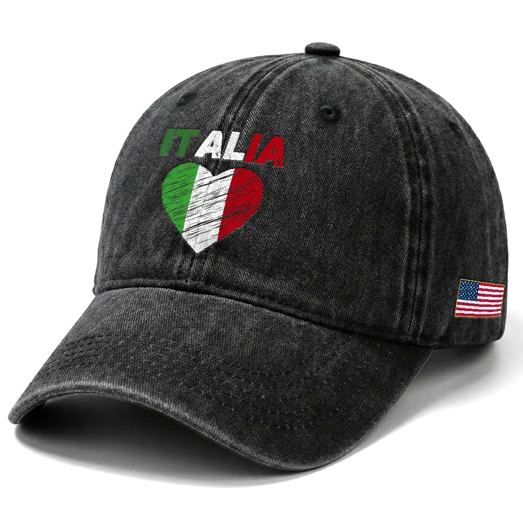 Italian Flag Heart Washed Cotton Baseball Cap Retro Vintage Italia Graphic