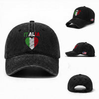 Italian Flag Heart Washed Cotton Baseball Cap Retro Vintage Italia Graphic