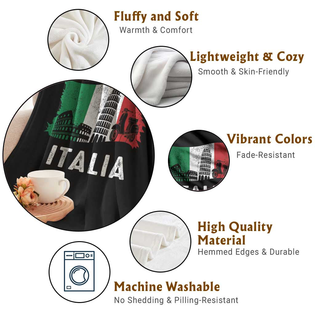 Italian Flag Throw Blanket Distressed Style Pisa Tower Colosseum Classic Scooter - Wonder Print Shop