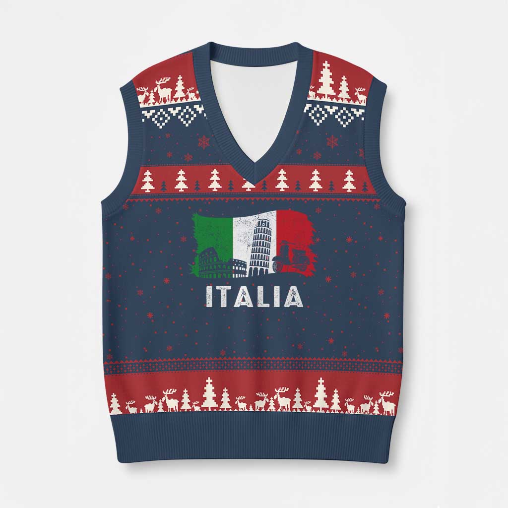 Italian Flag V-Neck Knit Sweater Vest Distressed Style Pisa Tower Colosseum Classic Scooter - Wonder Print Shop