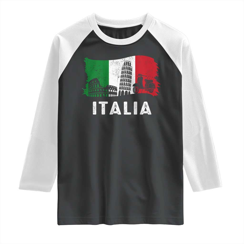 Italian Flag Raglan Shirt Distressed Style Pisa Tower Colosseum Classic Scooter - Wonder Print Shop