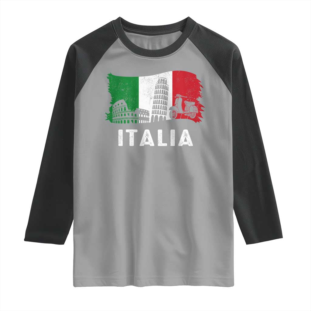 Italian Flag Raglan Shirt Distressed Style Pisa Tower Colosseum Classic Scooter - Wonder Print Shop