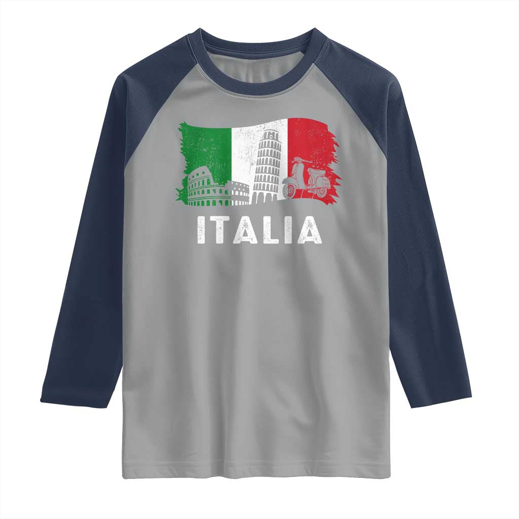 Italian Flag Raglan Shirt Distressed Style Pisa Tower Colosseum Classic Scooter - Wonder Print Shop