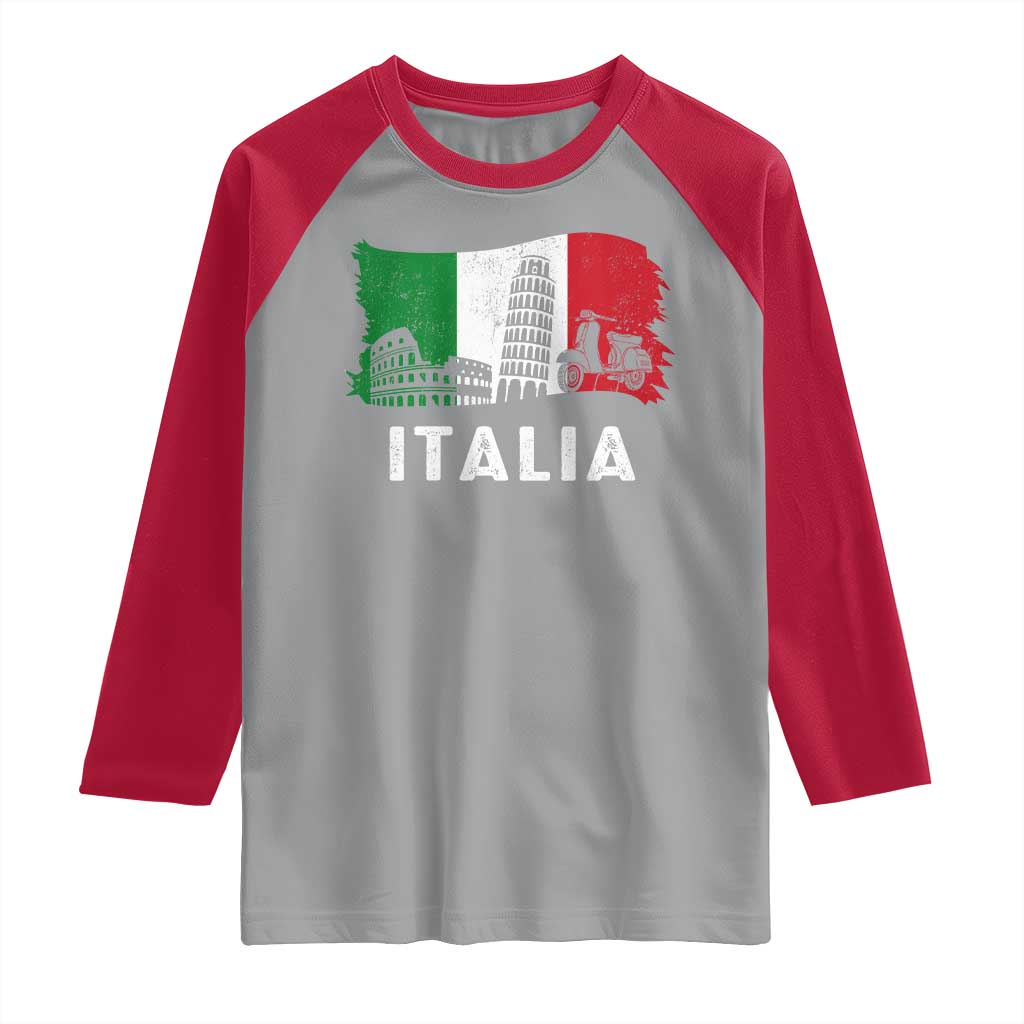 Italian Flag Raglan Shirt Distressed Style Pisa Tower Colosseum Classic Scooter - Wonder Print Shop