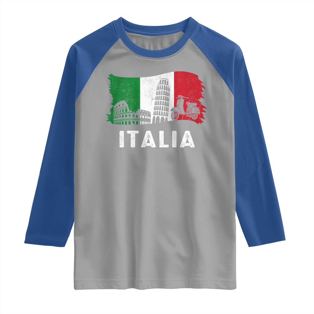 Italian Flag Raglan Shirt Distressed Style Pisa Tower Colosseum Classic Scooter - Wonder Print Shop
