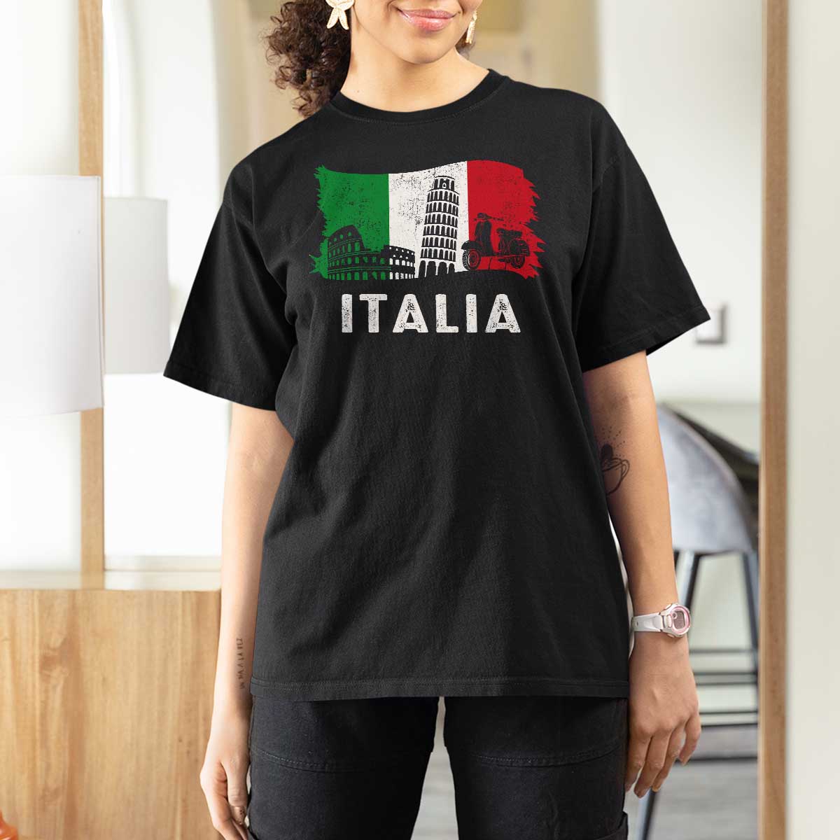 Italian Flag T Shirt For Women Distressed Style Pisa Tower Colosseum Classic Scooter - Wonder Print Shop