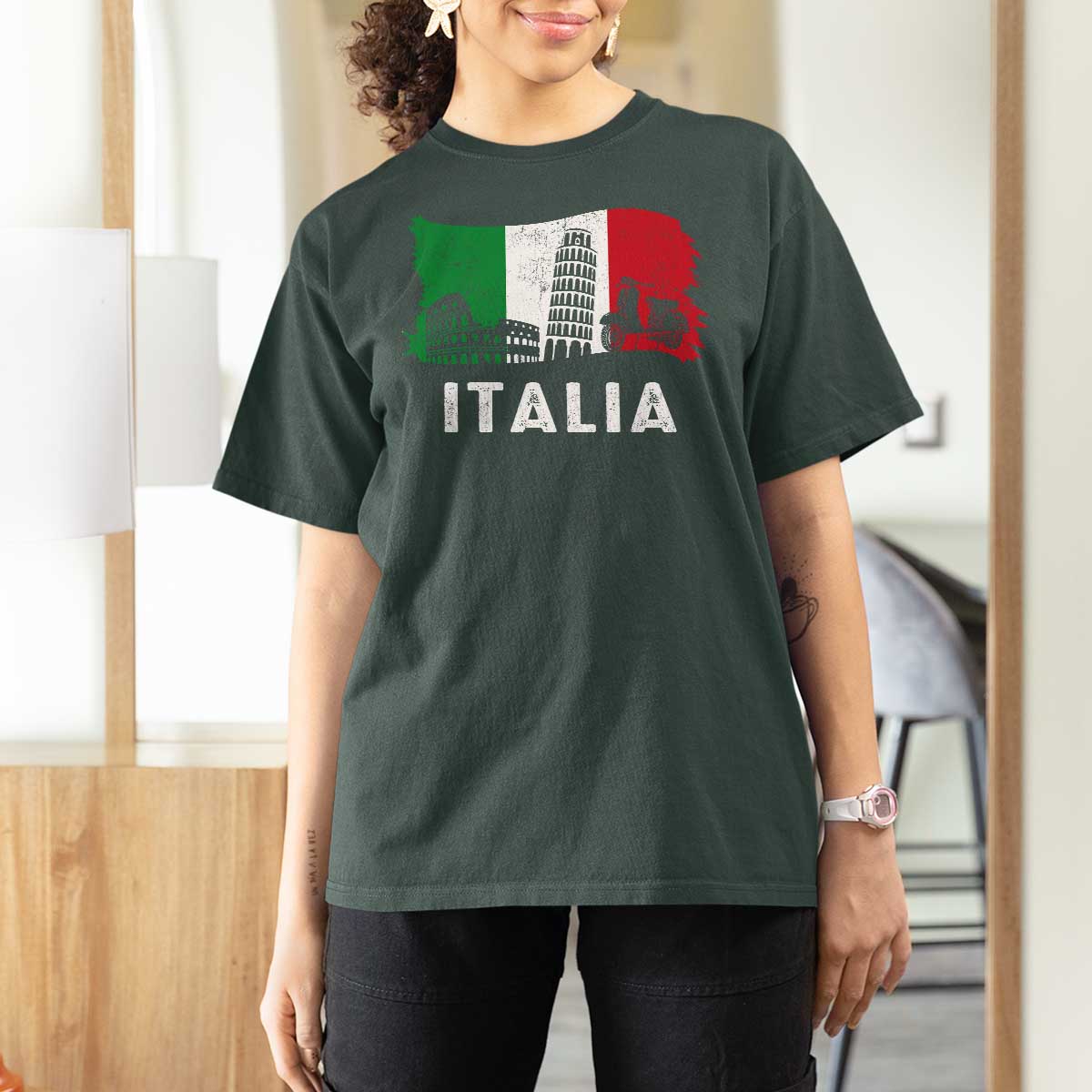 Italian Flag T Shirt For Women Distressed Style Pisa Tower Colosseum Classic Scooter - Wonder Print Shop