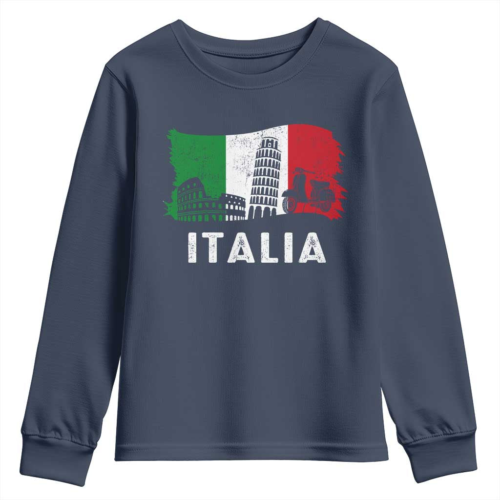 Italian Flag Youth Sweatshirt Distressed Style Pisa Tower Colosseum Classic Scooter - Wonder Print Shop