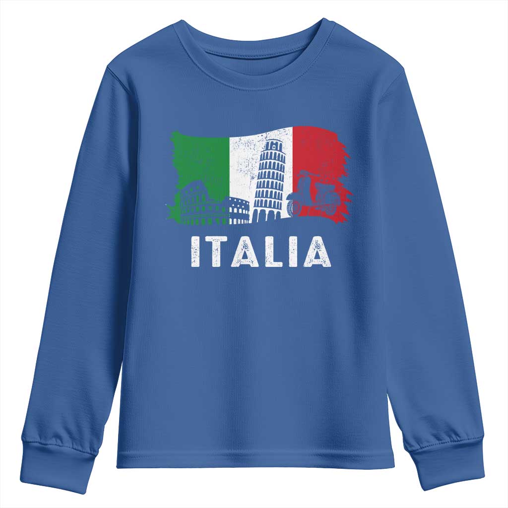 Italian Flag Youth Sweatshirt Distressed Style Pisa Tower Colosseum Classic Scooter - Wonder Print Shop