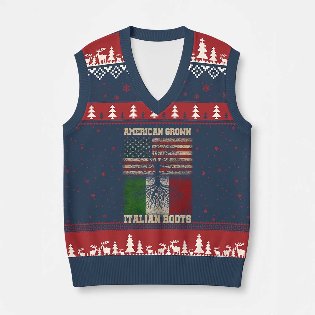 American Grown Italian Roots V-Neck Knit Sweater Vest USA Italy Flag Family Tree Italian - Wonder Print Shop