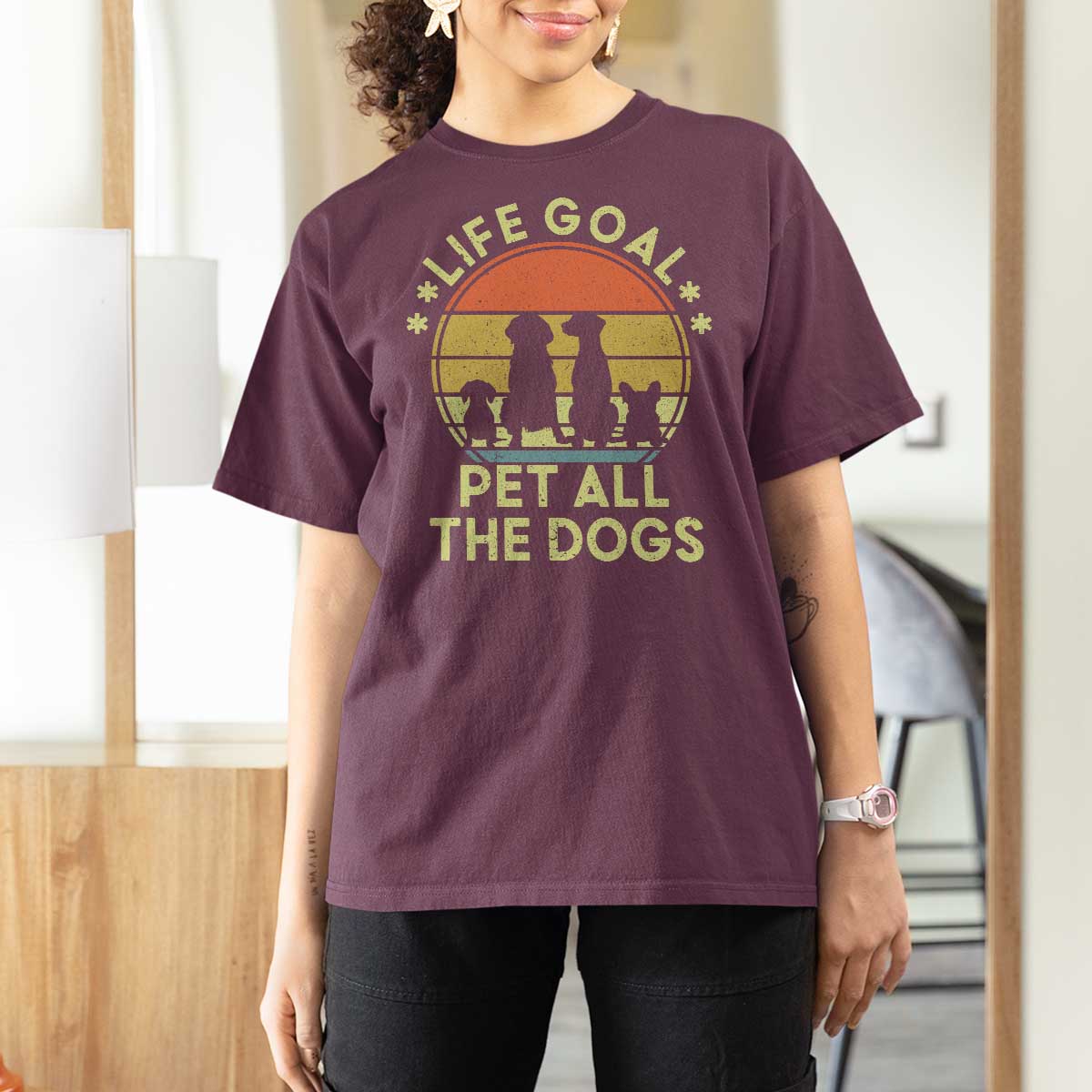 Life Goal Pet All The Dogs T Shirt For Women Retro Funny Dog Lover Gift - Wonder Print Shop