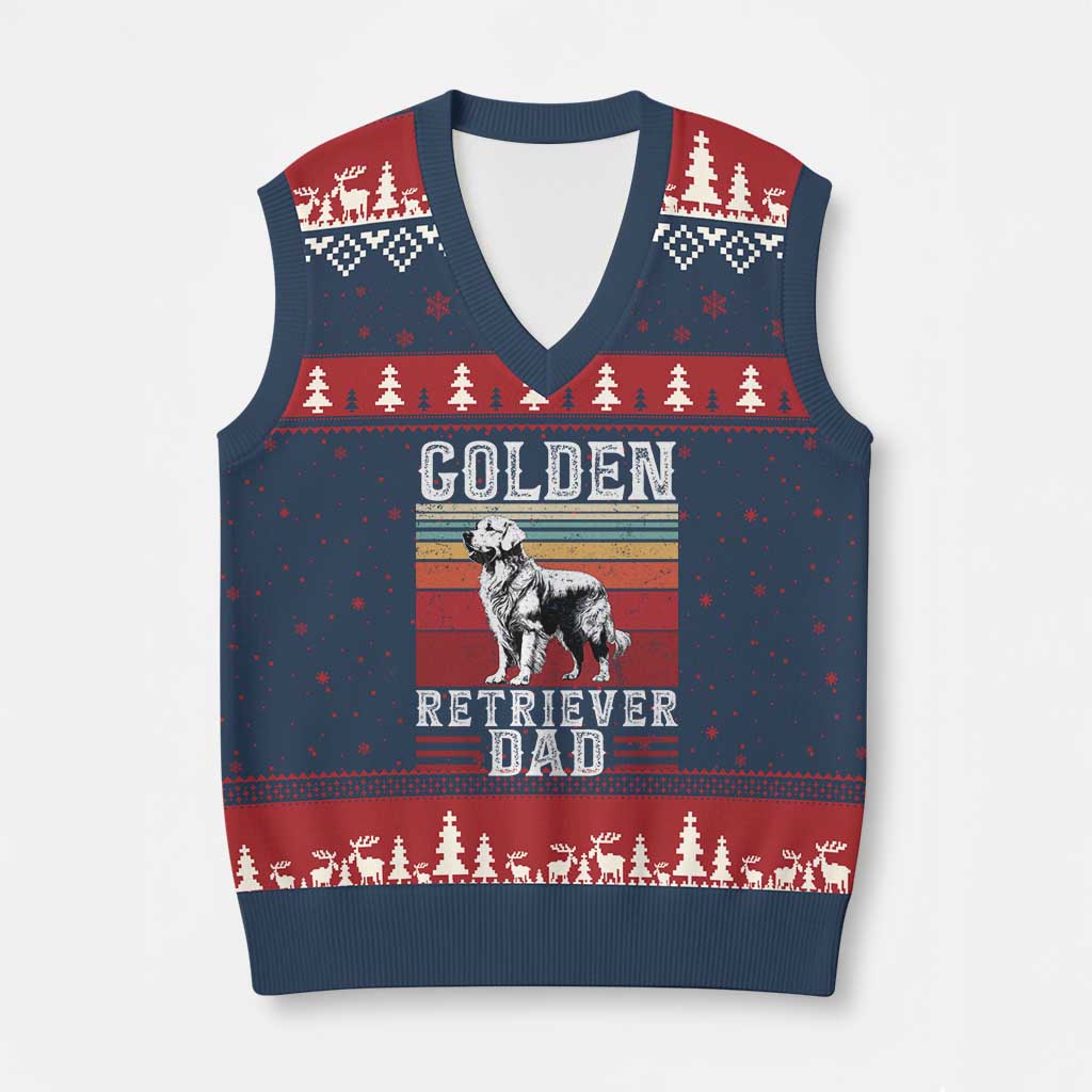 Retro Dog Golden Dad V-Neck Knit Sweater Vest Fathers Day Gift for Dog Lovers Golden Retriever Dad - Wonder Print Shop