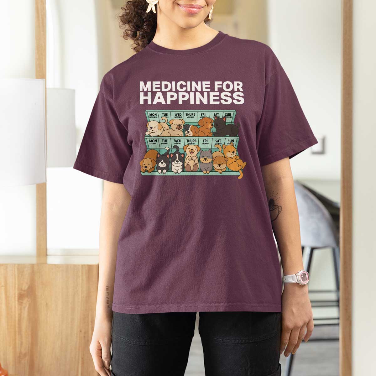 Funny Dog Lover T Shirt For Women My Medicine For Happiness Called Cats Everyday - Wonder Print Shop