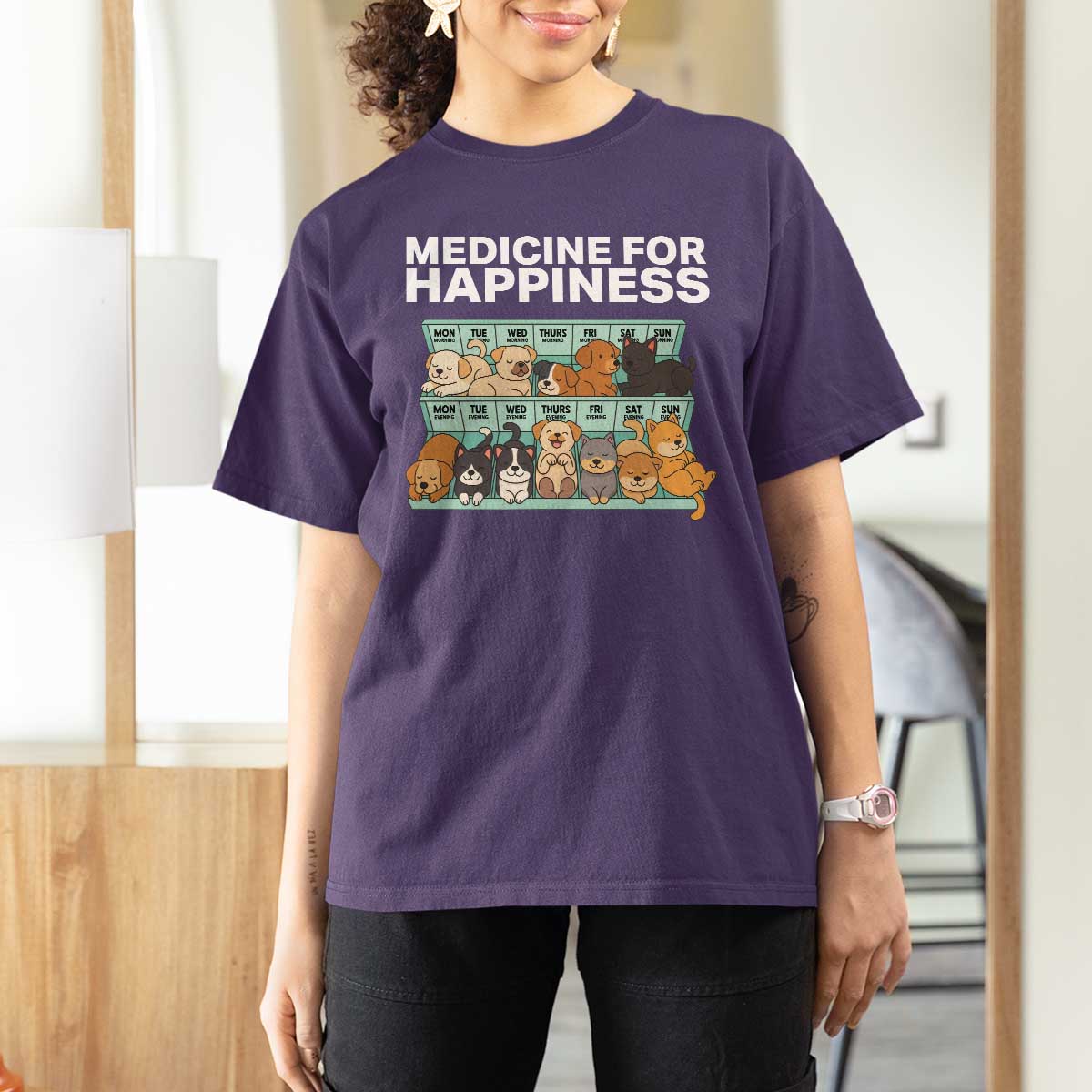 Funny Dog Lover T Shirt For Women My Medicine For Happiness Called Cats Everyday - Wonder Print Shop
