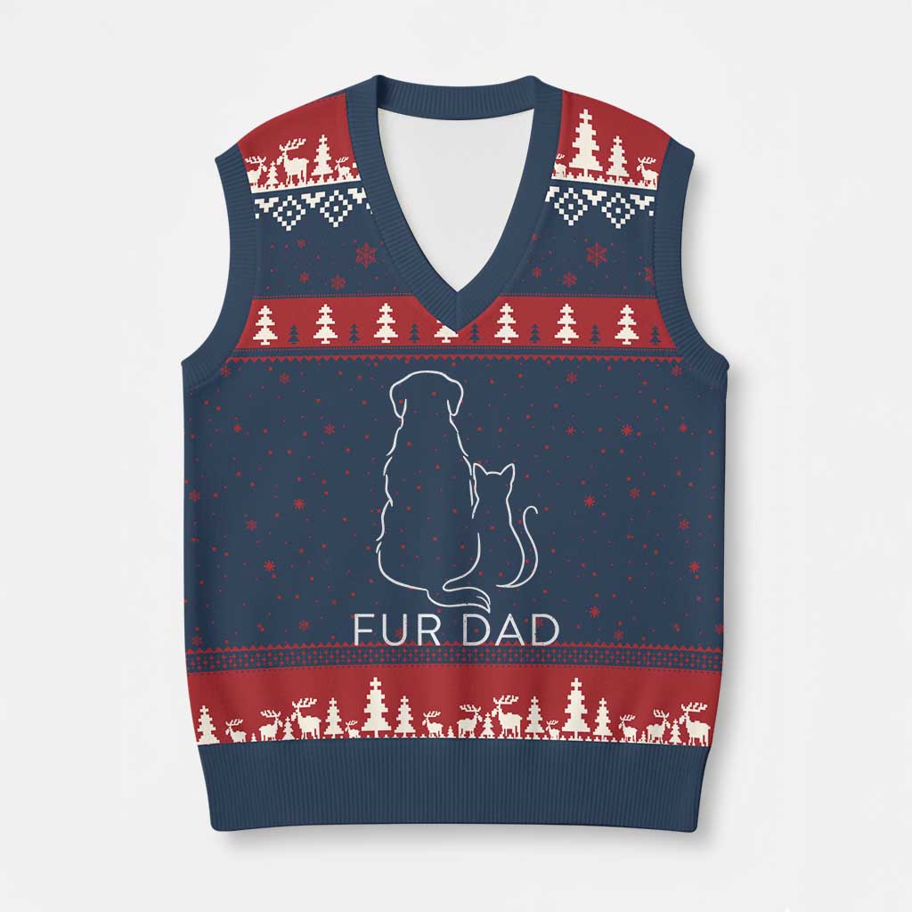 Fur Dad V-Neck Knit Sweater Vest Pet Lover Cat Dog Dad Funny Fathers Day - Wonder Print Shop