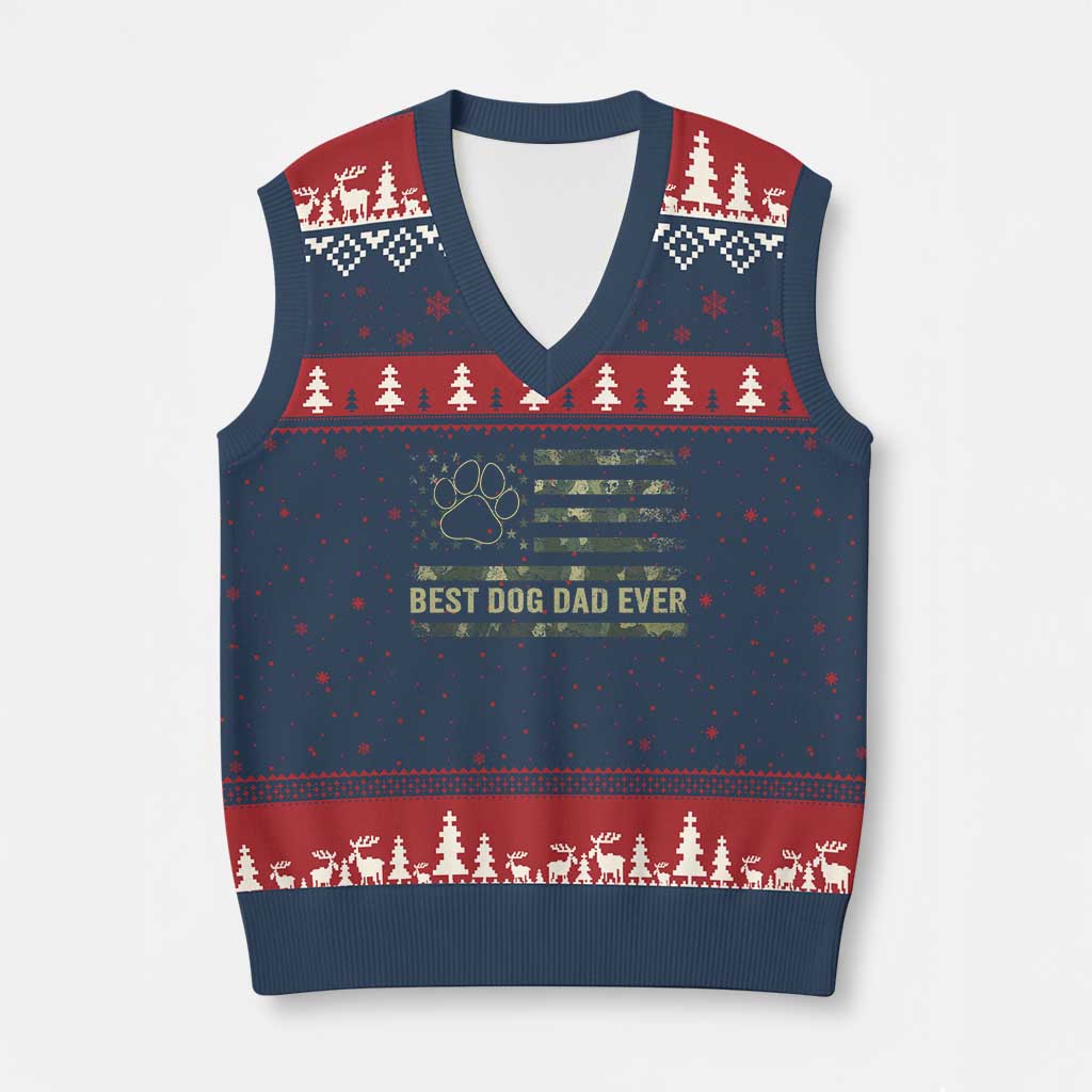 Best Dog Dad Ever V-Neck Knit Sweater Vest Camo American Flag USA Fathers Day Gift for Dog Lovers - Wonder Print Shop