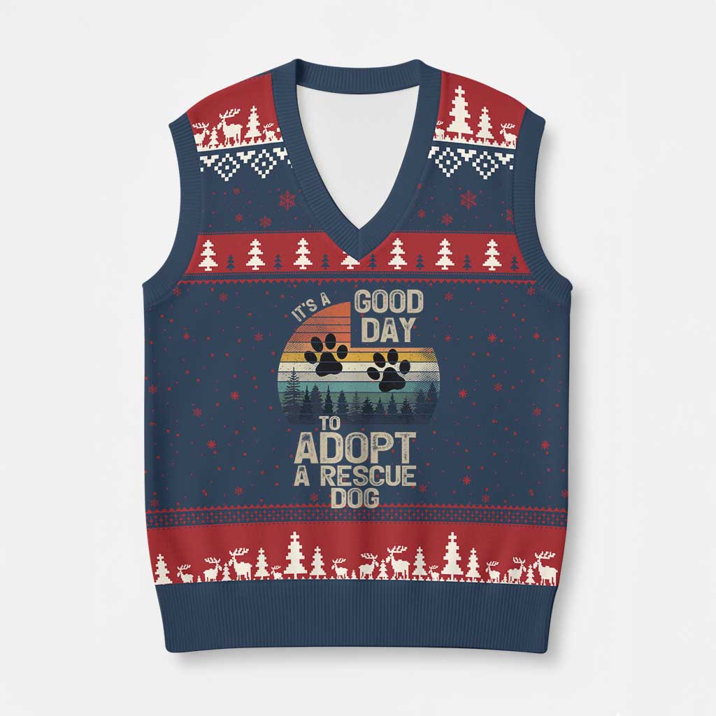 Dog Rescue V-Neck Knit Sweater Vest Retro Its A Good Day to Adopt Rescue Dog - Wonder Print Shop