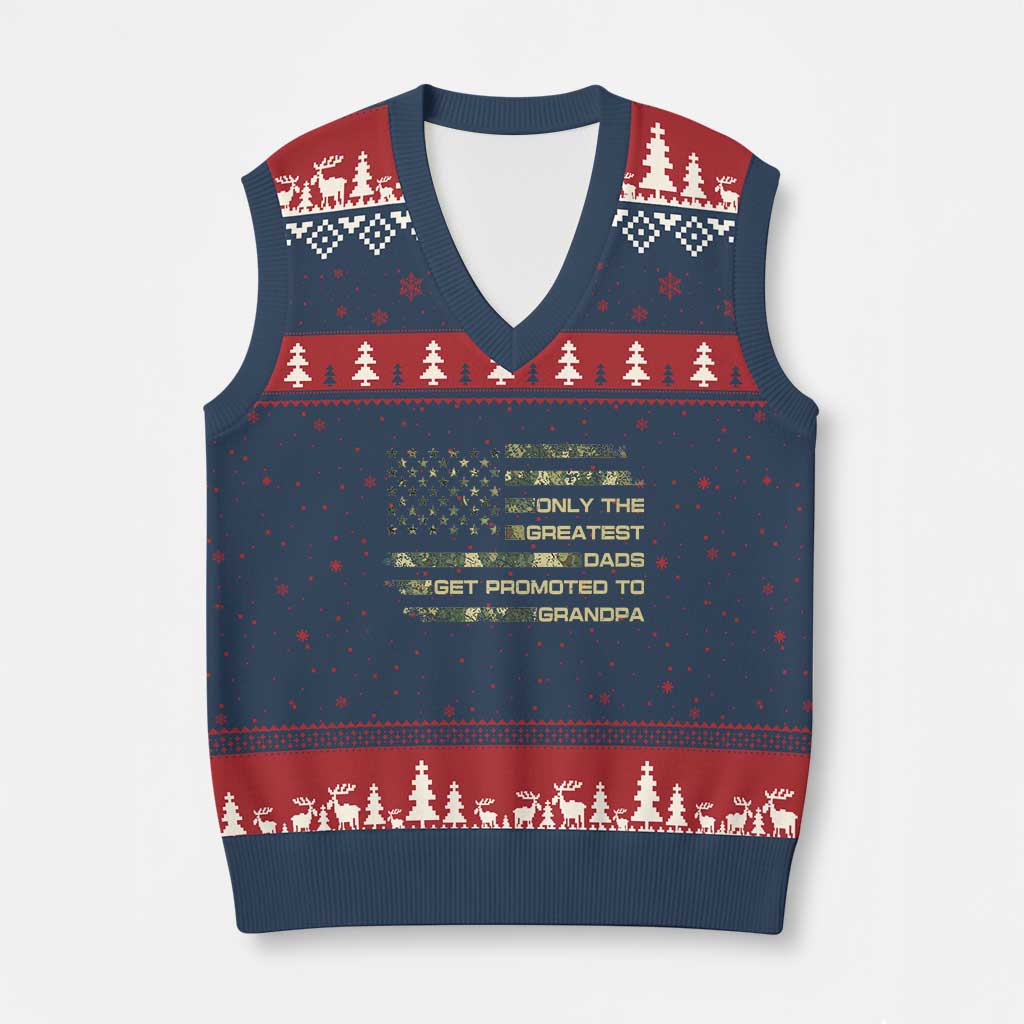 Greatest Dads Get Promoted To Grandpa V-Neck Knit Sweater Vest Retro Camo American Flag New Grandpa Gift