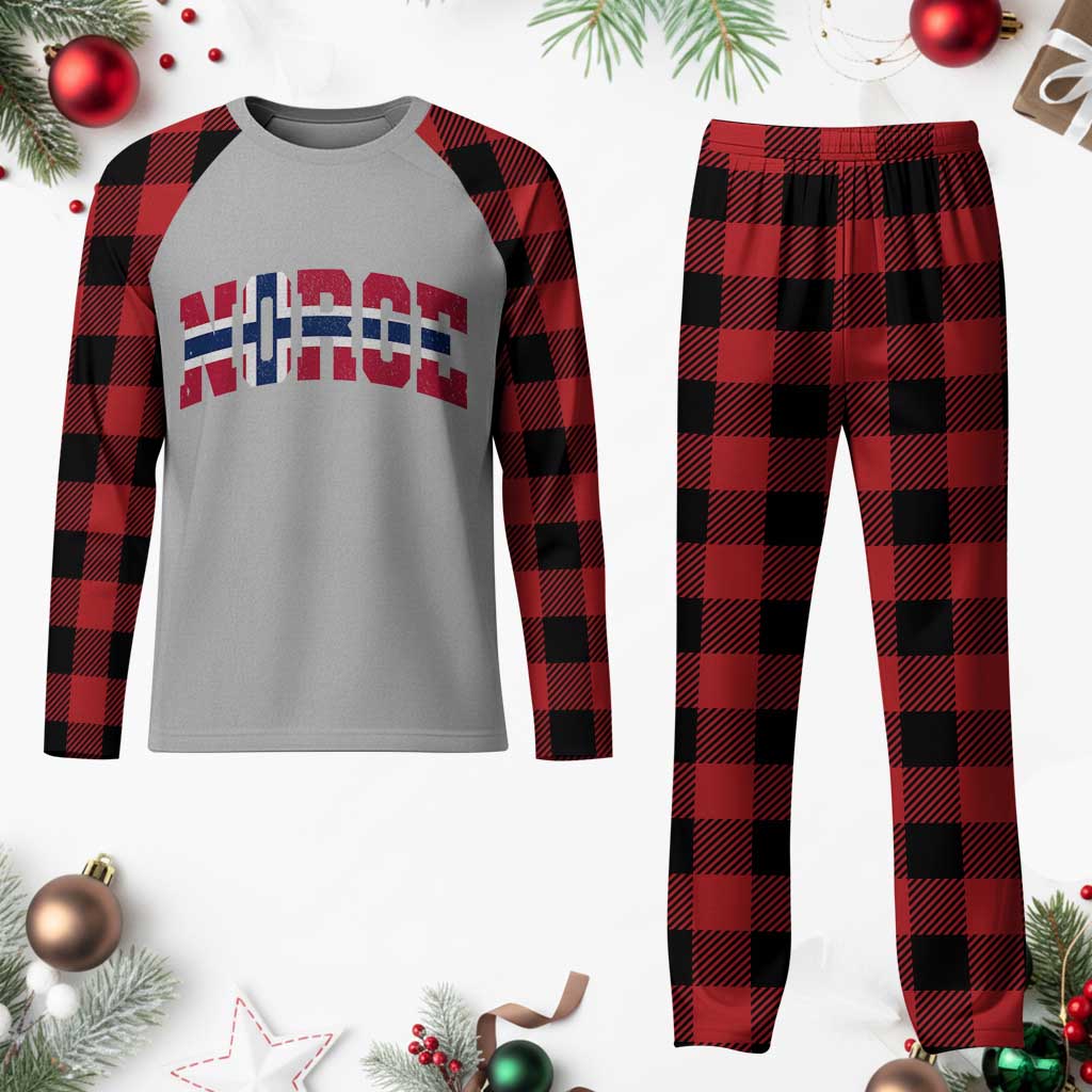 Norge Flag Plaid Pajama Set Varsity Lettering Vintage Distressed Norway Norwegian Pride Scandinavian