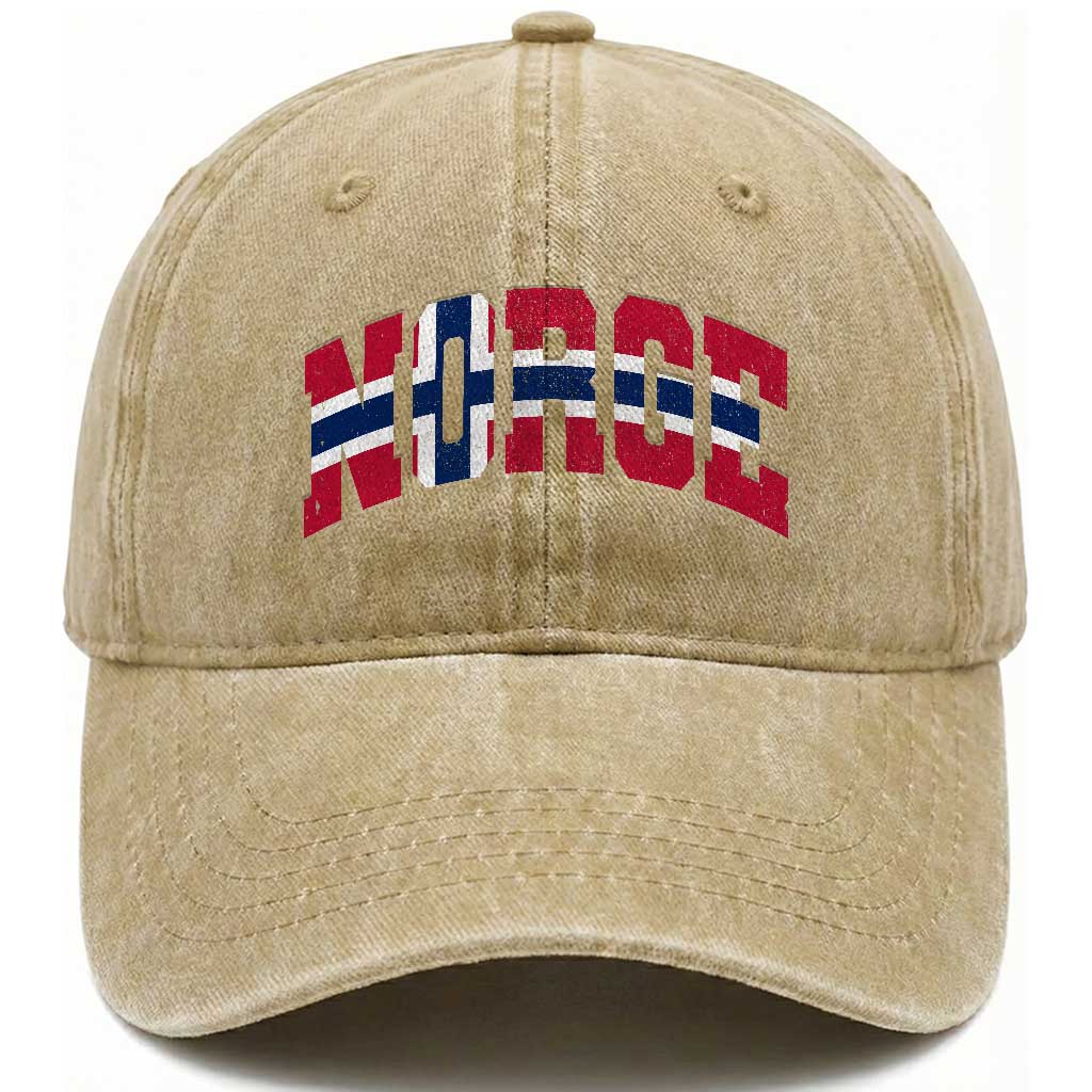Norge Flag Washed Cotton Baseball Cap Varsity Lettering Vintage Distressed Norway Norwegian Pride Scandinavian