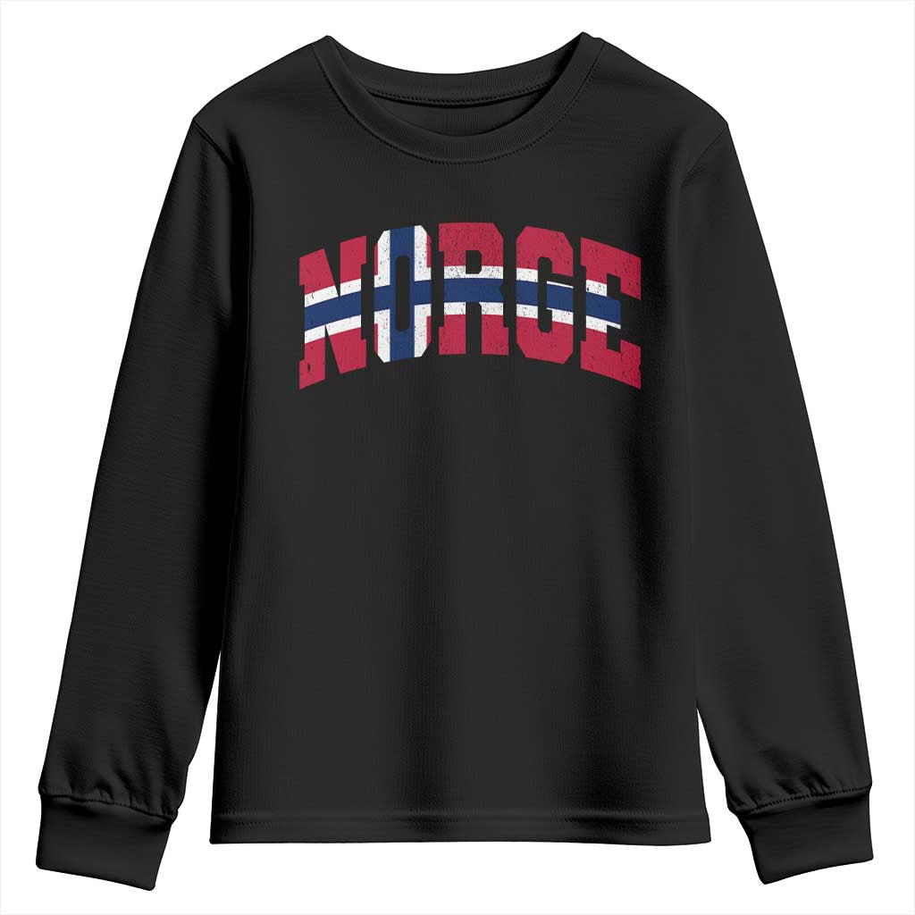 Norge Flag Youth Sweatshirt Varsity Lettering Vintage Distressed Norway Norwegian Pride Scandinavian
