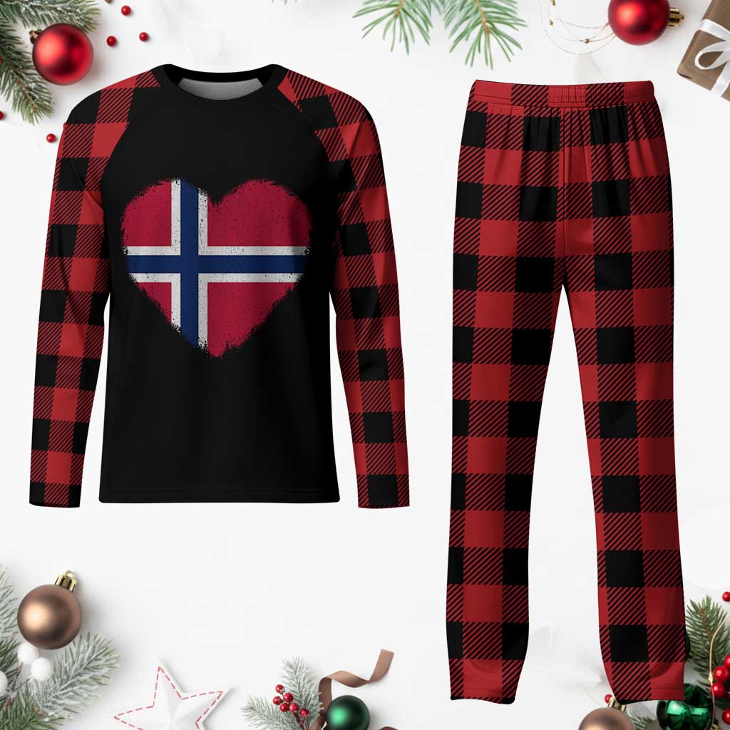 Norway Flag Heart Plaid Pajama Set Vintage Distressed Norge Norwegian Pride Patriotic Scandinavian Love Graphic