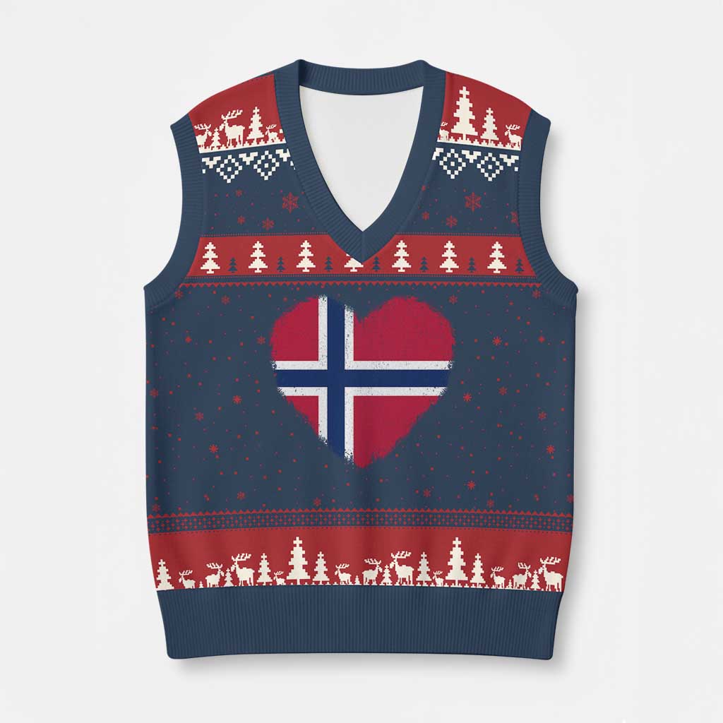 Norway Flag Heart V-Neck Knit Sweater Vest Vintage Distressed Norge Norwegian Pride Patriotic Scandinavian Love Graphic