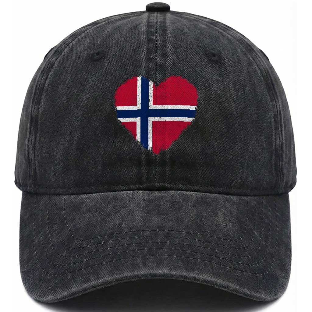 Norway Flag Heart Washed Cotton Baseball Cap Vintage Distressed Norge Norwegian Pride Patriotic Scandinavian Love Graphic