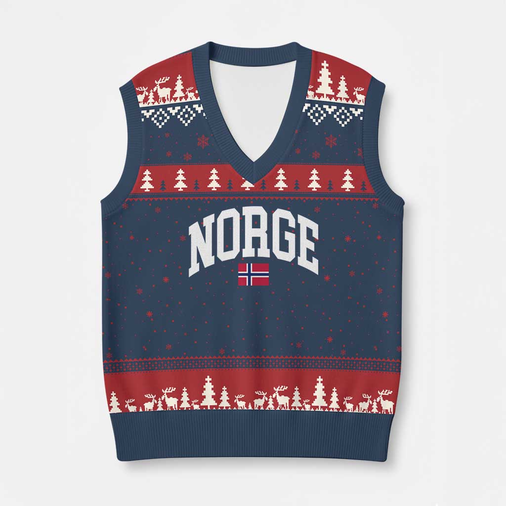 Norge Norway Flag V-Neck Knit Sweater Vest Retro Varsity Lettering Norwegian Pride Scandinavian Heritage Graphic