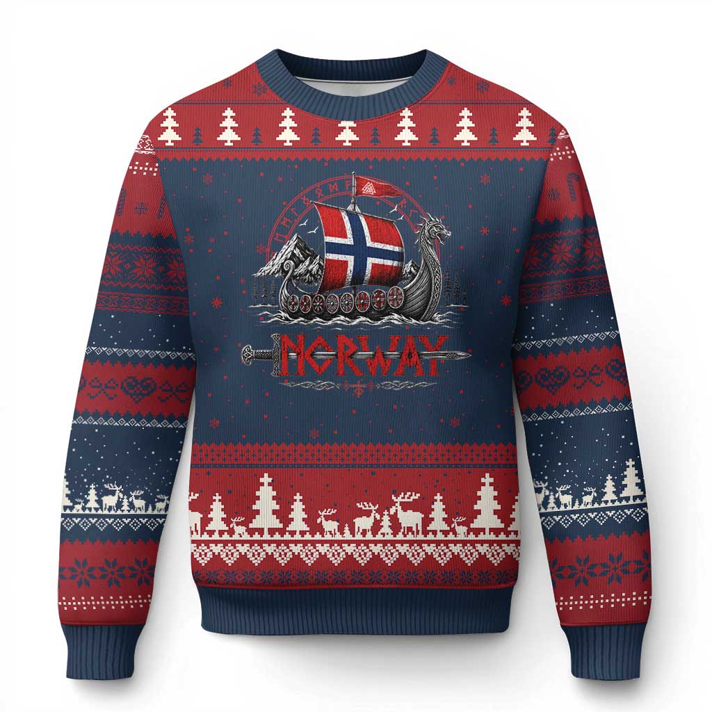 Retro Norwegian Viking Longship Norway Flag Ugly Christmas Sweater Vintage Nordic Heritage Warrior