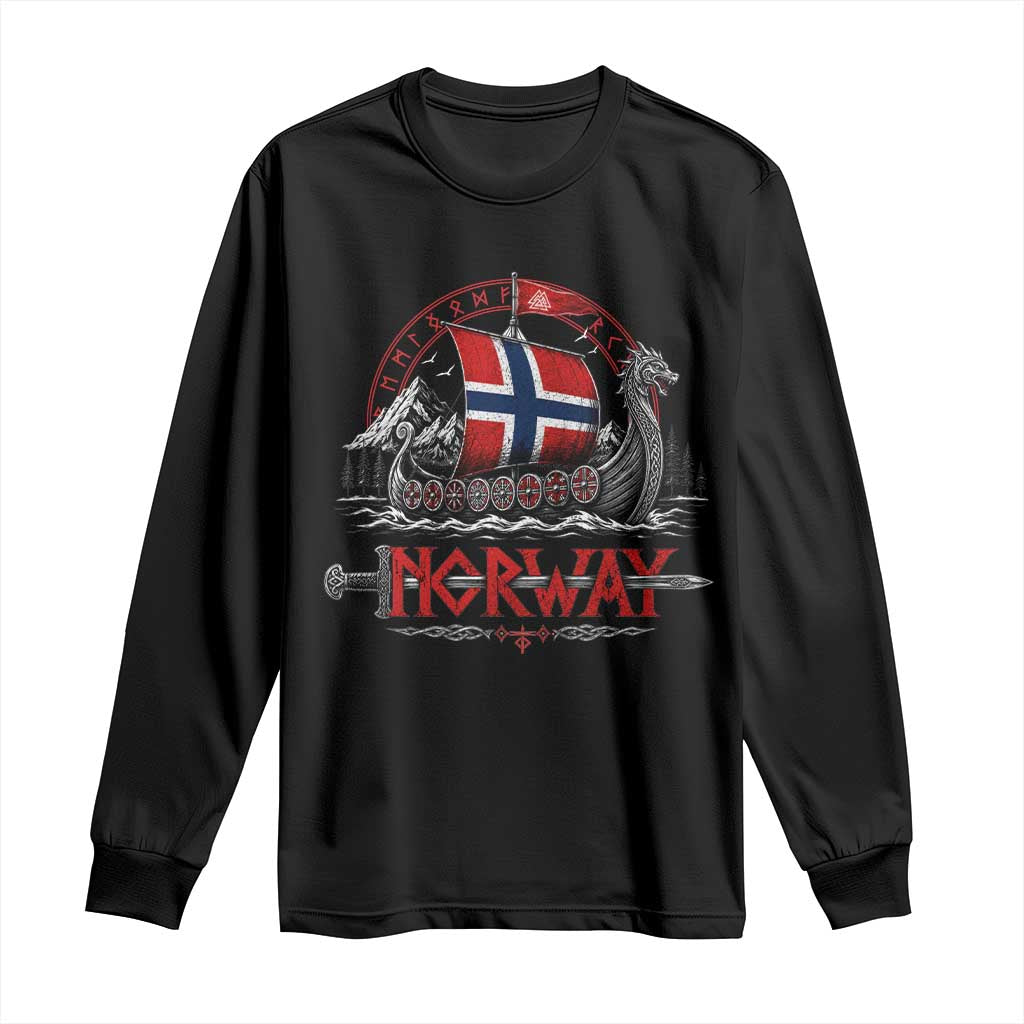 Retro Norwegian Viking Longship Norway Flag Long Sleeve Shirt Vintage Nordic Heritage Warrior