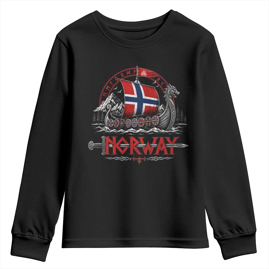 Retro Norwegian Viking Longship Norway Flag Youth Sweatshirt Vintage Nordic Heritage Warrior