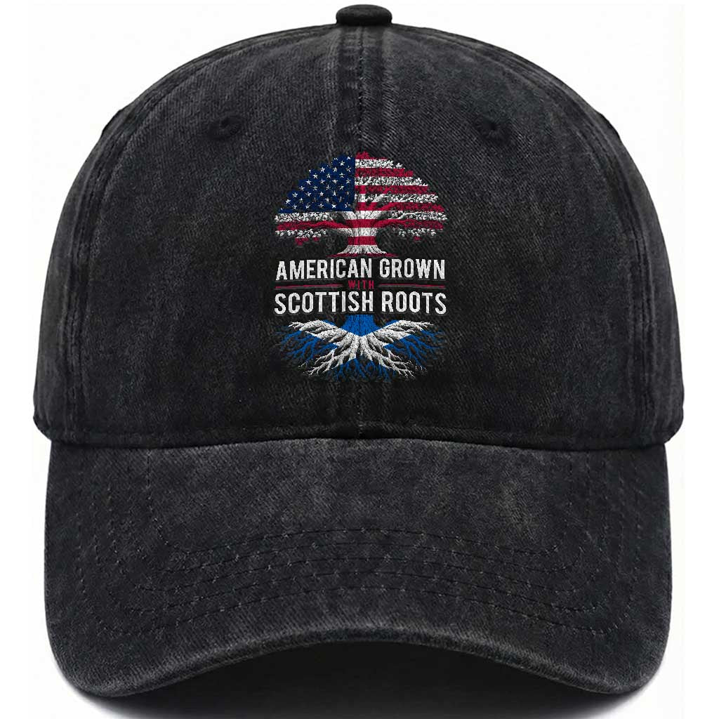 American Grown With Scottish Roots Washed Cotton Baseball Cap Family Heritage USA Scotland Pride Gift