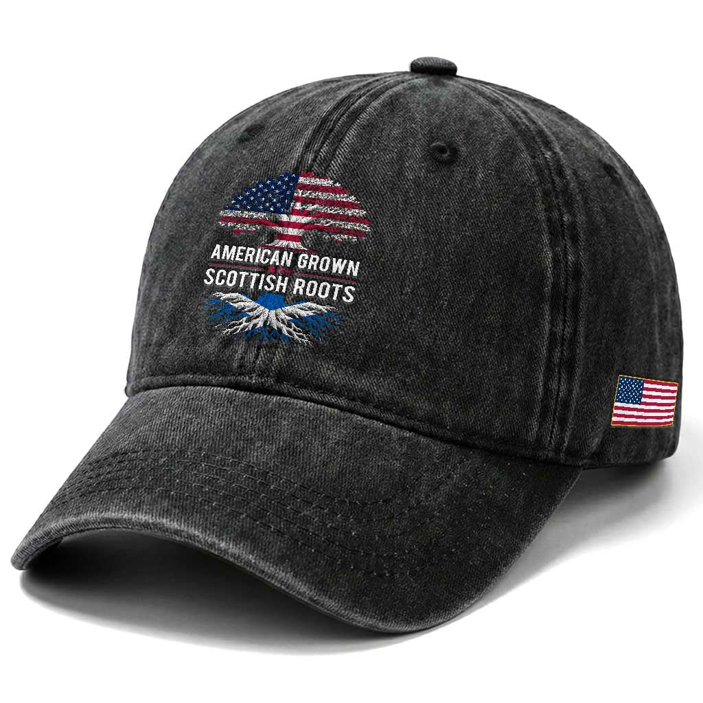American Grown With Scottish Roots Washed Cotton Baseball Cap Family Heritage USA Scotland Pride Gift