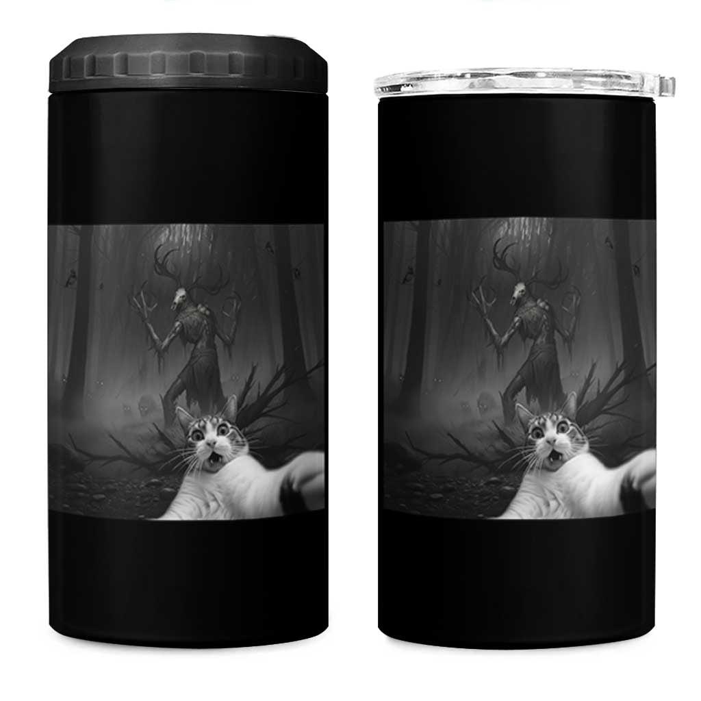 Cat Selfie With Wendigo 4 in 1 Can Cooler Tumbler Horror Halloween Funny Cat Gifts