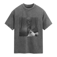 Cat Selfie With Wendigo Washed Cotton T-Shirt Horror Halloween Funny Cat Gifts