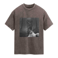 Cat Selfie With Wendigo Washed Cotton T-Shirt Horror Halloween Funny Cat Gifts