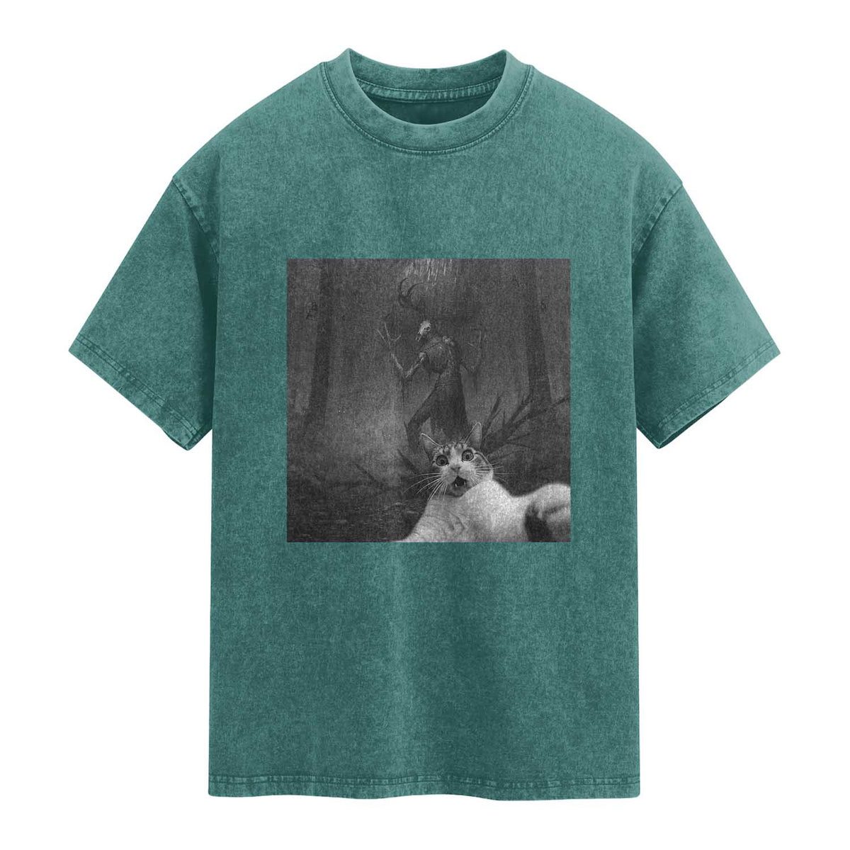 Cat Selfie With Wendigo Washed Cotton T-Shirt Horror Halloween Funny Cat Gifts